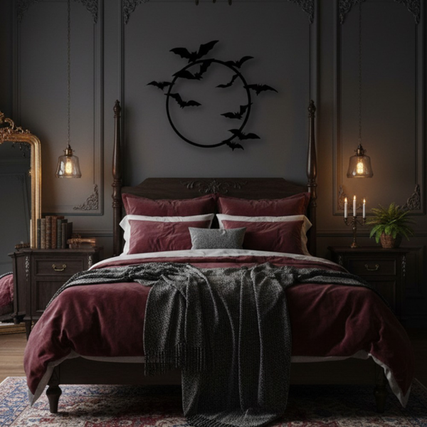 Black Metal Round Bat Wall Art, Gothic Flying Bats Circle Wall Decor, Spooky Halloween Hanging Sculpture for Home Bedroom Fireplace Indoor Outdoor