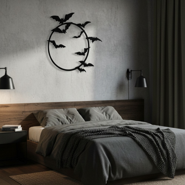 Black Metal Round Bat Wall Art, Gothic Flying Bats Circle Wall Decor, Spooky Halloween Hanging Sculpture for Home Bedroom Fireplace Indoor Outdoor