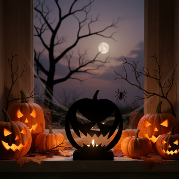 Black Metal Halloween Jack O Lantern Candle Holder, Spooky Pumpkin Tealight Holder with Stable Base, Tabletop Decor for Fireplace Porch Party Indoor Outdoor