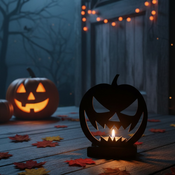 Black Metal Halloween Jack O Lantern Candle Holder, Spooky Pumpkin Tealight Holder with Stable Base, Tabletop Decor for Fireplace Porch Party Indoor Outdoor