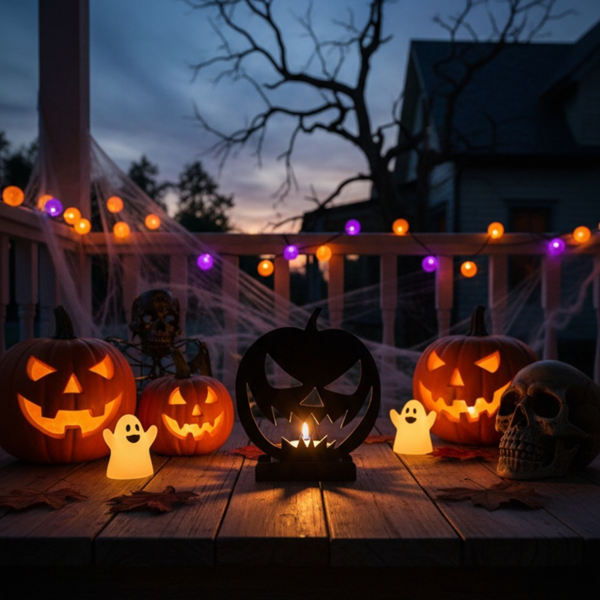 Black Metal Halloween Jack O Lantern Candle Holder, Spooky Pumpkin Tealight Holder with Stable Base, Tabletop Decor for Fireplace Porch Party Indoor Outdoor