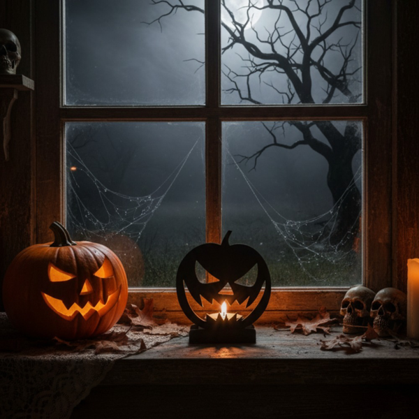 Black Metal Halloween Jack O Lantern Candle Holder, Spooky Pumpkin Tealight Holder with Stable Base, Tabletop Decor for Fireplace Porch Party Indoor Outdoor
