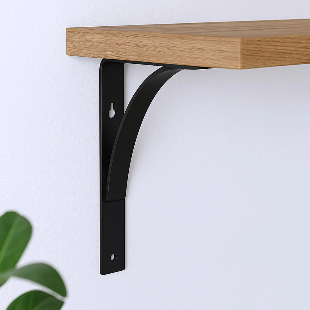 Black Metal Curved Shelf Brackets 8 Inch 2 Pack, Heavy Duty Floating Shelf Supports, Wall Mount Brackets for Wood Shelves Home Office Decor