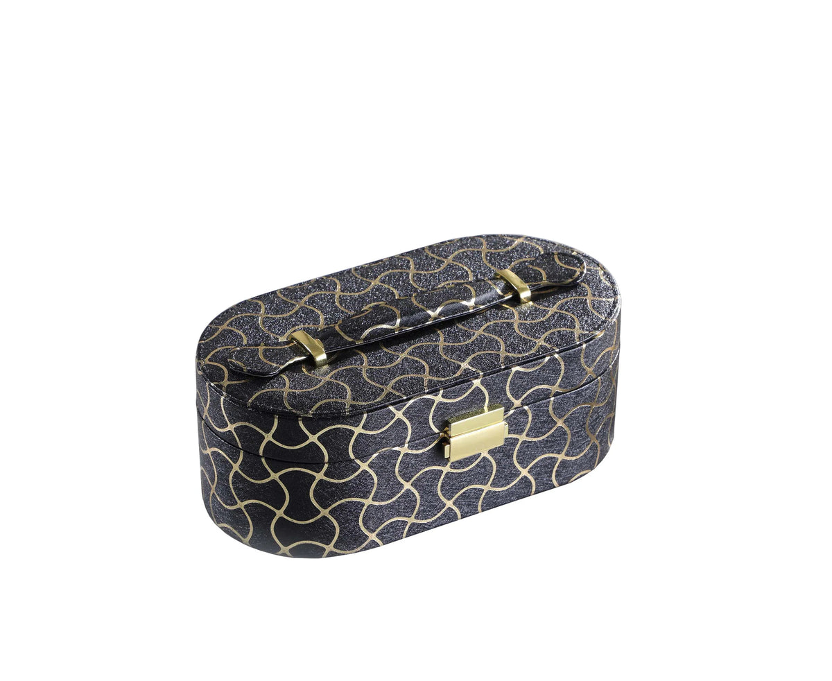 2-Layer Oval Travel Jewelry Box with Mirror, Black Gold Geometric Jewelry Organizer for Rings Earrings Necklaces, Women Gift