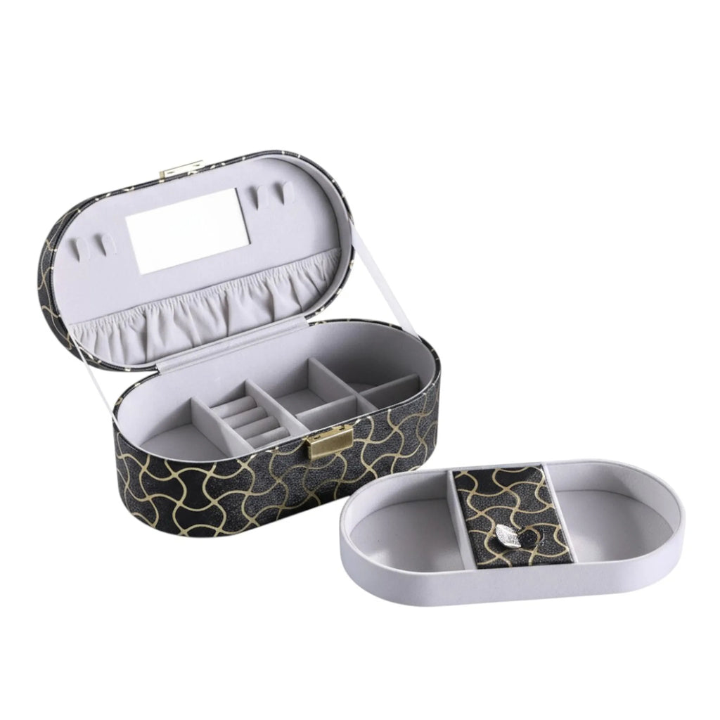 2-Layer Oval Travel Jewelry Box with Mirror, Black Gold Geometric Jewelry Organizer for Rings Earrings Necklaces, Women Gift