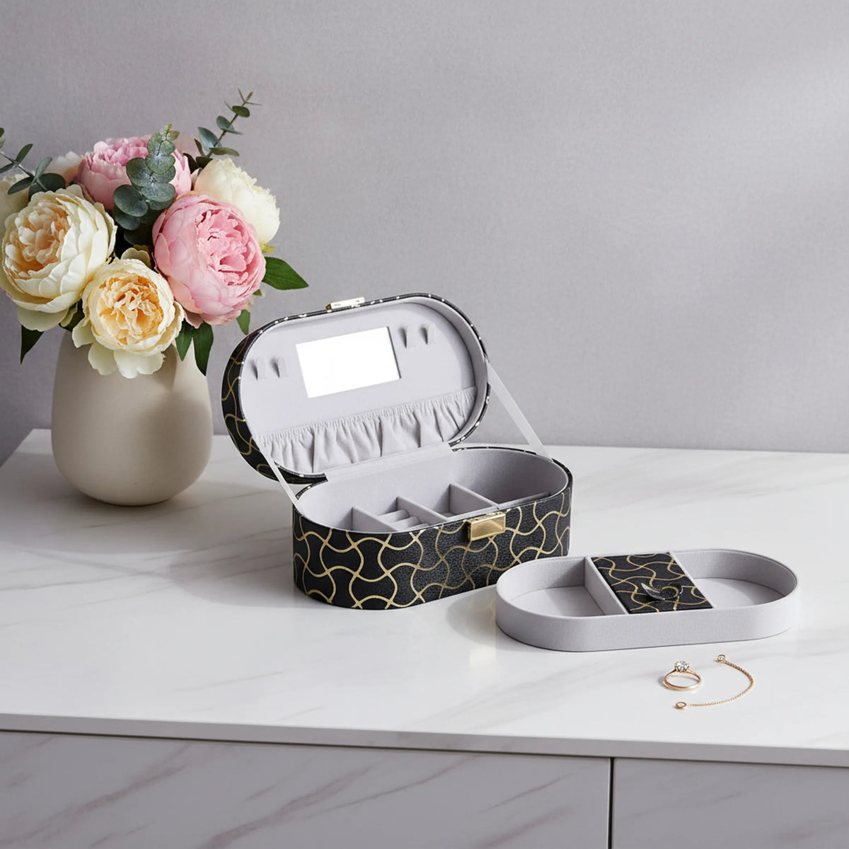 2-Layer Oval Travel Jewelry Box with Mirror, Black Gold Geometric Jewelry Organizer for Rings Earrings Necklaces, Women Gift