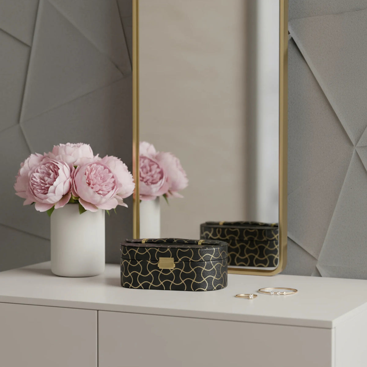 2-Layer Oval Travel Jewelry Box with Mirror, Black Gold Geometric Jewelry Organizer for Rings Earrings Necklaces, Women Gift