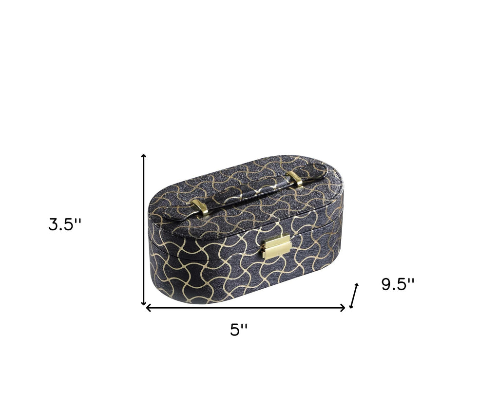 2-Layer Oval Travel Jewelry Box with Mirror, Black Gold Geometric Jewelry Organizer for Rings Earrings Necklaces, Women Gift