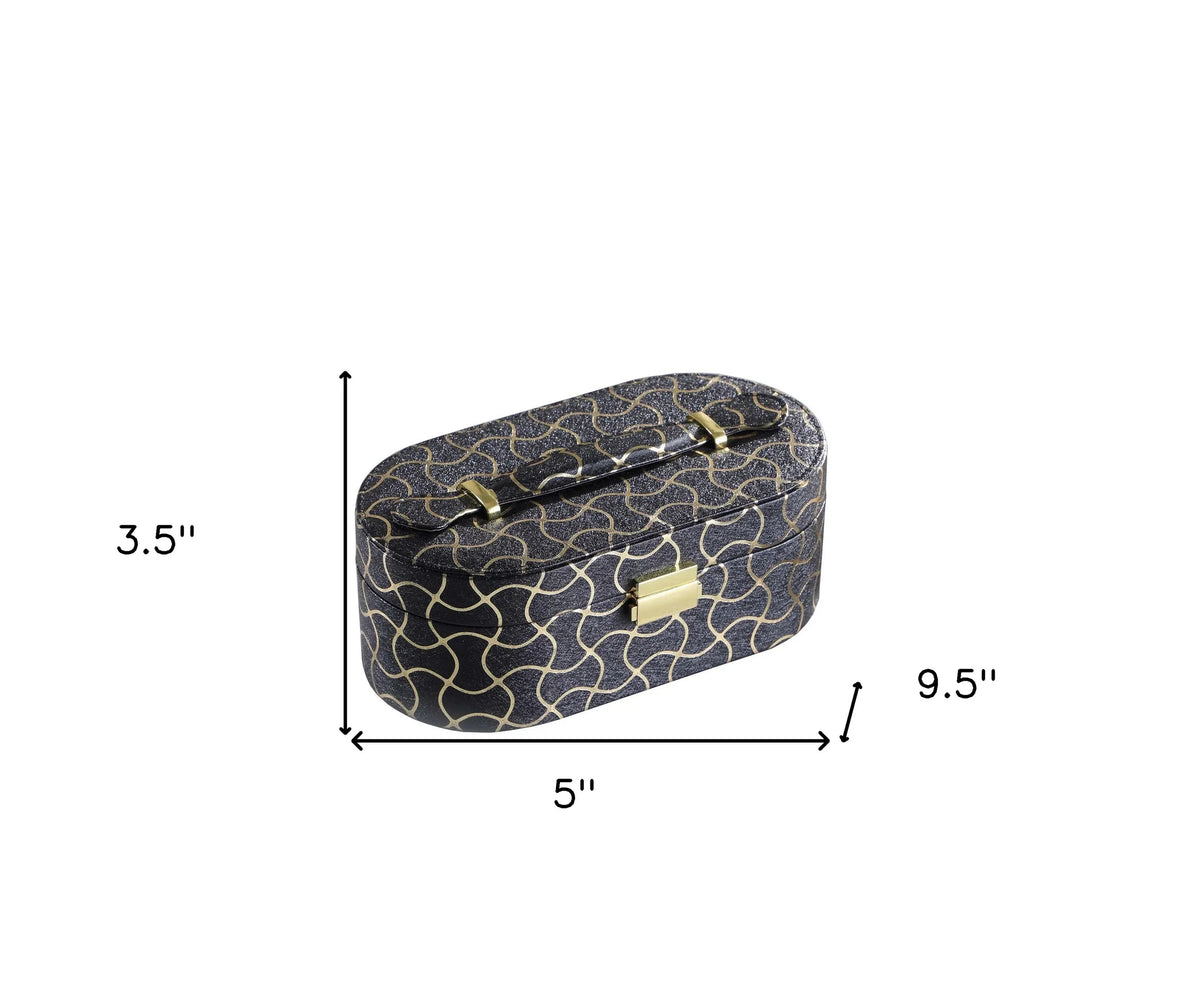 2-Layer Oval Travel Jewelry Box with Mirror, Black Gold Geometric Jewelry Organizer for Rings Earrings Necklaces, Women Gift