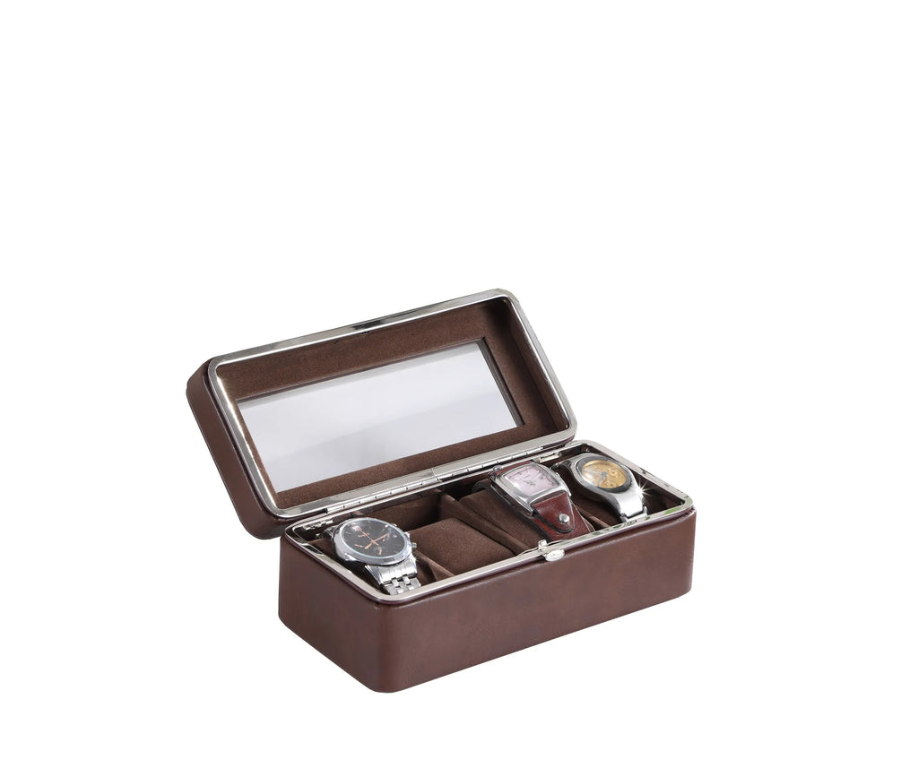 3-Slot Brown Faux Leather Watch Box with Clear Glass Top, Watch Display Storage Case for Men, Dresser Bedroom Organizer Gift