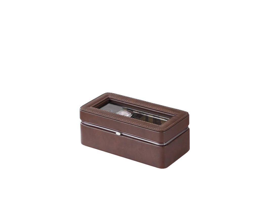 3-Slot Brown Faux Leather Watch Box with Clear Glass Top, Watch Display Storage Case for Men, Dresser Bedroom Organizer Gift