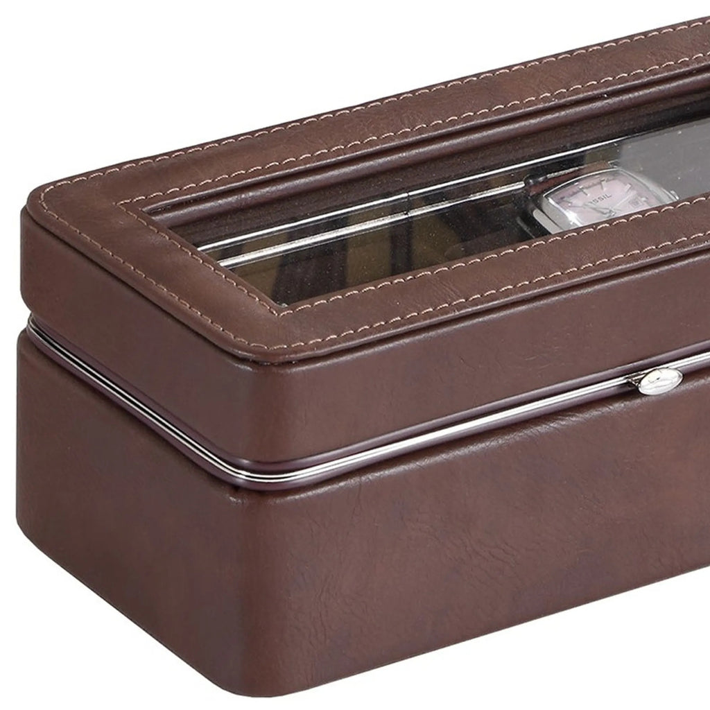 3-Slot Brown Faux Leather Watch Box with Clear Glass Top, Watch Display Storage Case for Men, Dresser Bedroom Organizer Gift