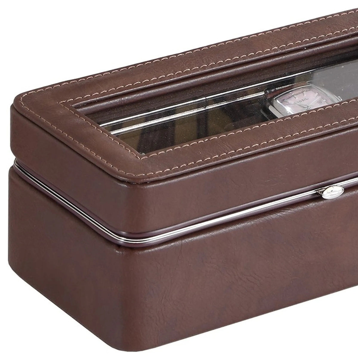 3-Slot Brown Faux Leather Watch Box with Clear Glass Top, Watch Display Storage Case for Men, Dresser Bedroom Organizer Gift