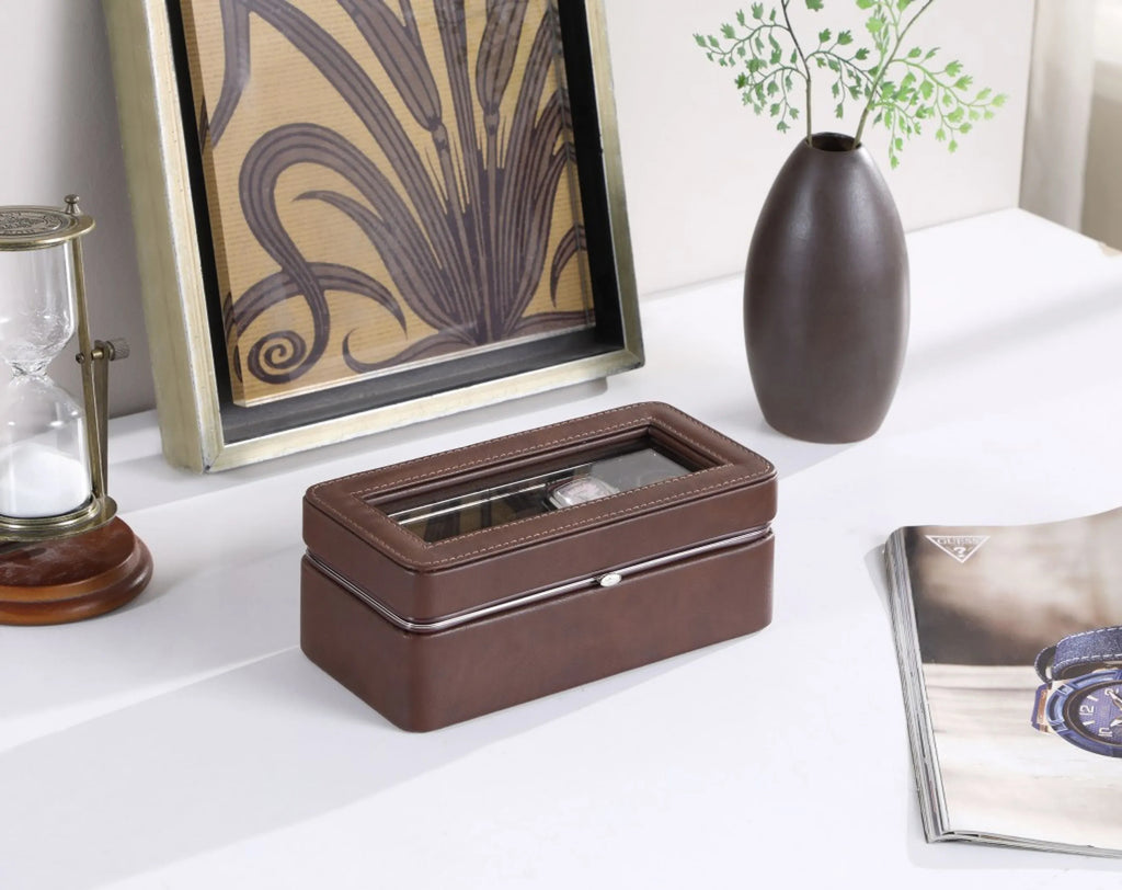 3-Slot Brown Faux Leather Watch Box with Clear Glass Top, Watch Display Storage Case for Men, Dresser Bedroom Organizer Gift