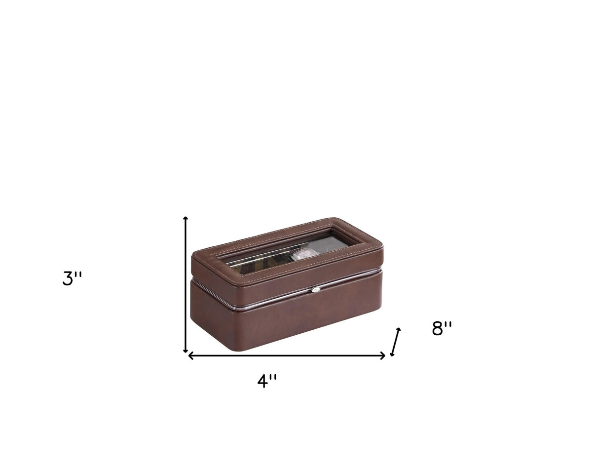 3-Slot Brown Faux Leather Watch Box with Clear Glass Top, Watch Display Storage Case for Men, Dresser Bedroom Organizer Gift