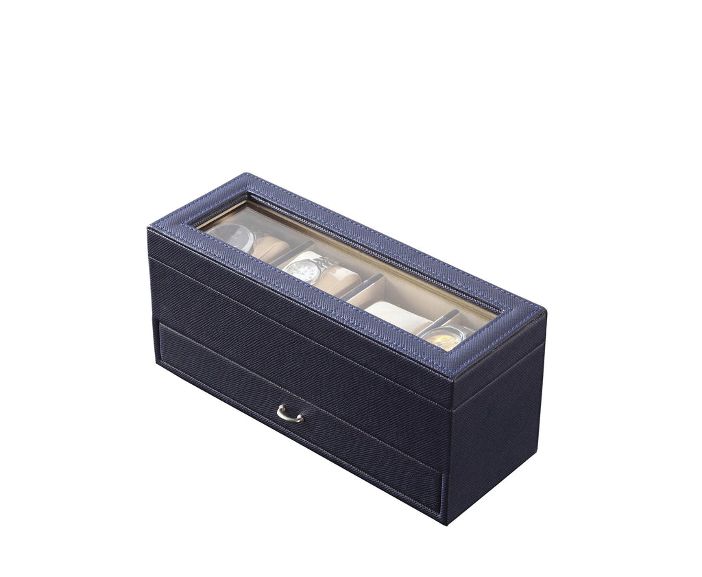 4-Slot Navy Blue 2-Layer Watch Box with Glass Top & Drawer, Faux Leather Watch Display Storage Case for Men, Dresser Organizer Gift
