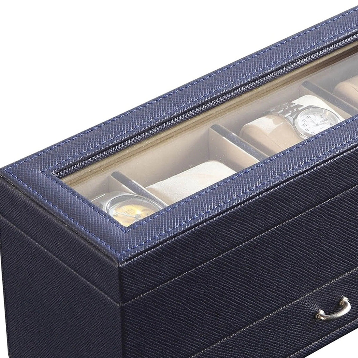 4-Slot Navy Blue 2-Layer Watch Box with Glass Top & Drawer, Faux Leather Watch Display Storage Case for Men, Dresser Organizer Gift