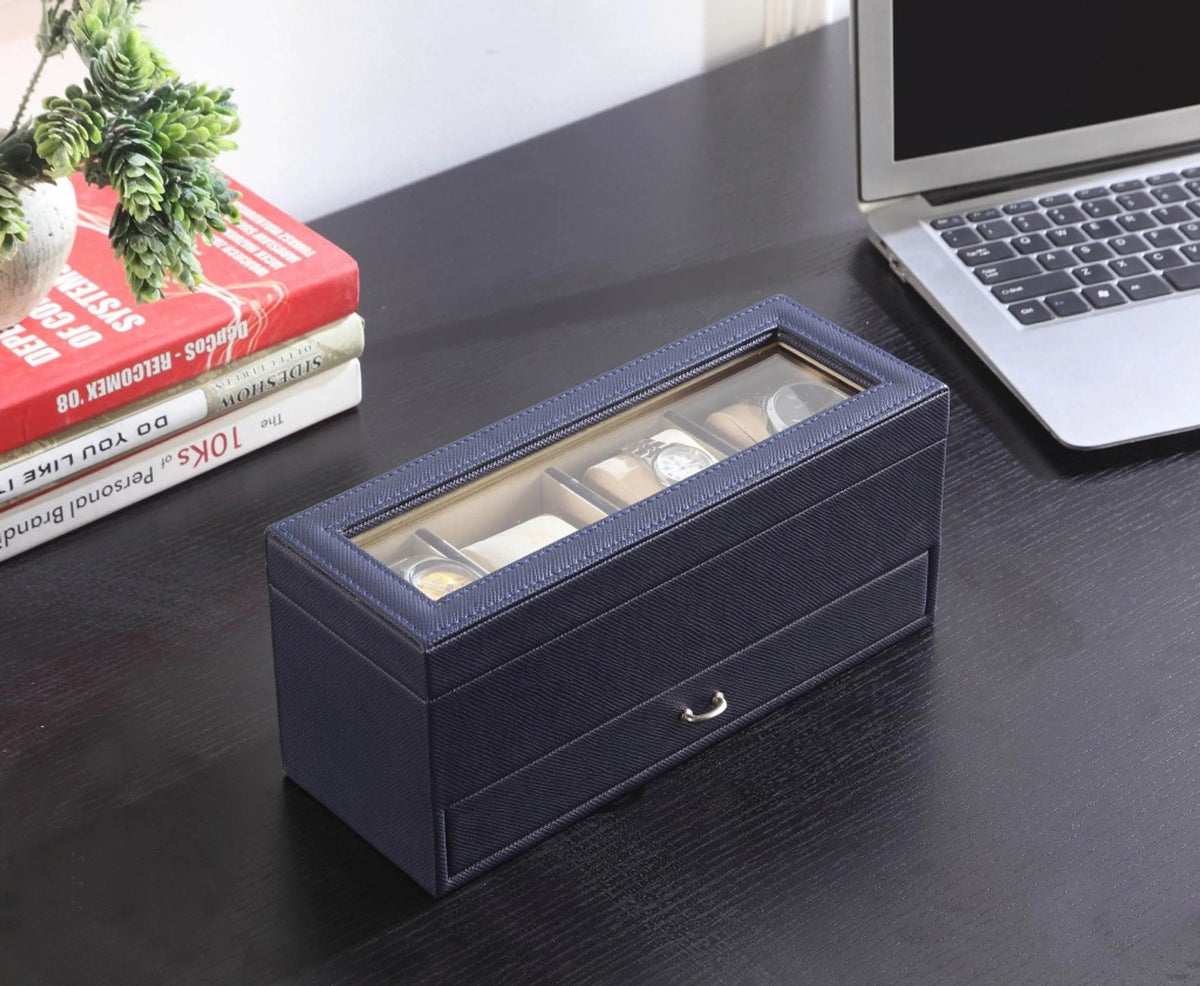 4-Slot Navy Blue 2-Layer Watch Box with Glass Top & Drawer, Faux Leather Watch Display Storage Case for Men, Dresser Organizer Gift