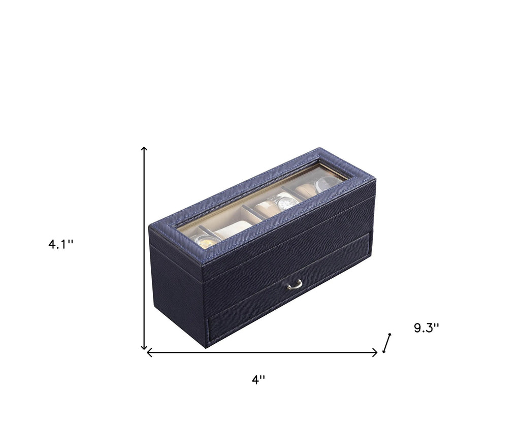 4-Slot Navy Blue 2-Layer Watch Box with Glass Top & Drawer, Faux Leather Watch Display Storage Case for Men, Dresser Organizer Gift