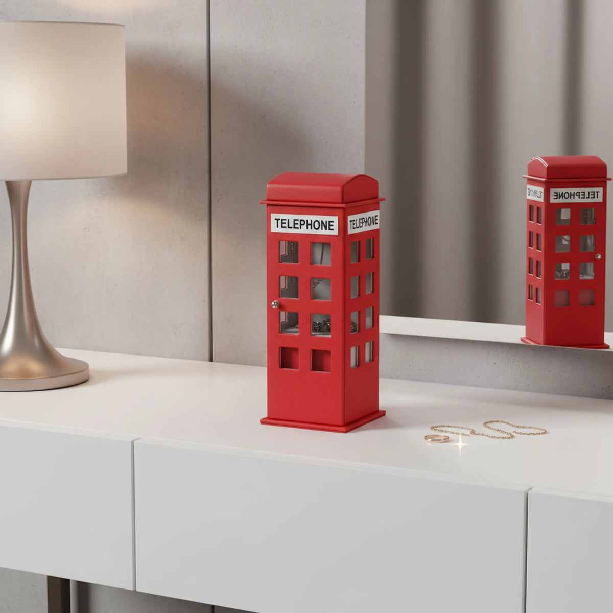 Red London Telephone Booth Jewelry Box, Faux Leather Decorative Jewelry Organizer with Clear Windows, Novelty Gift for Women Girls