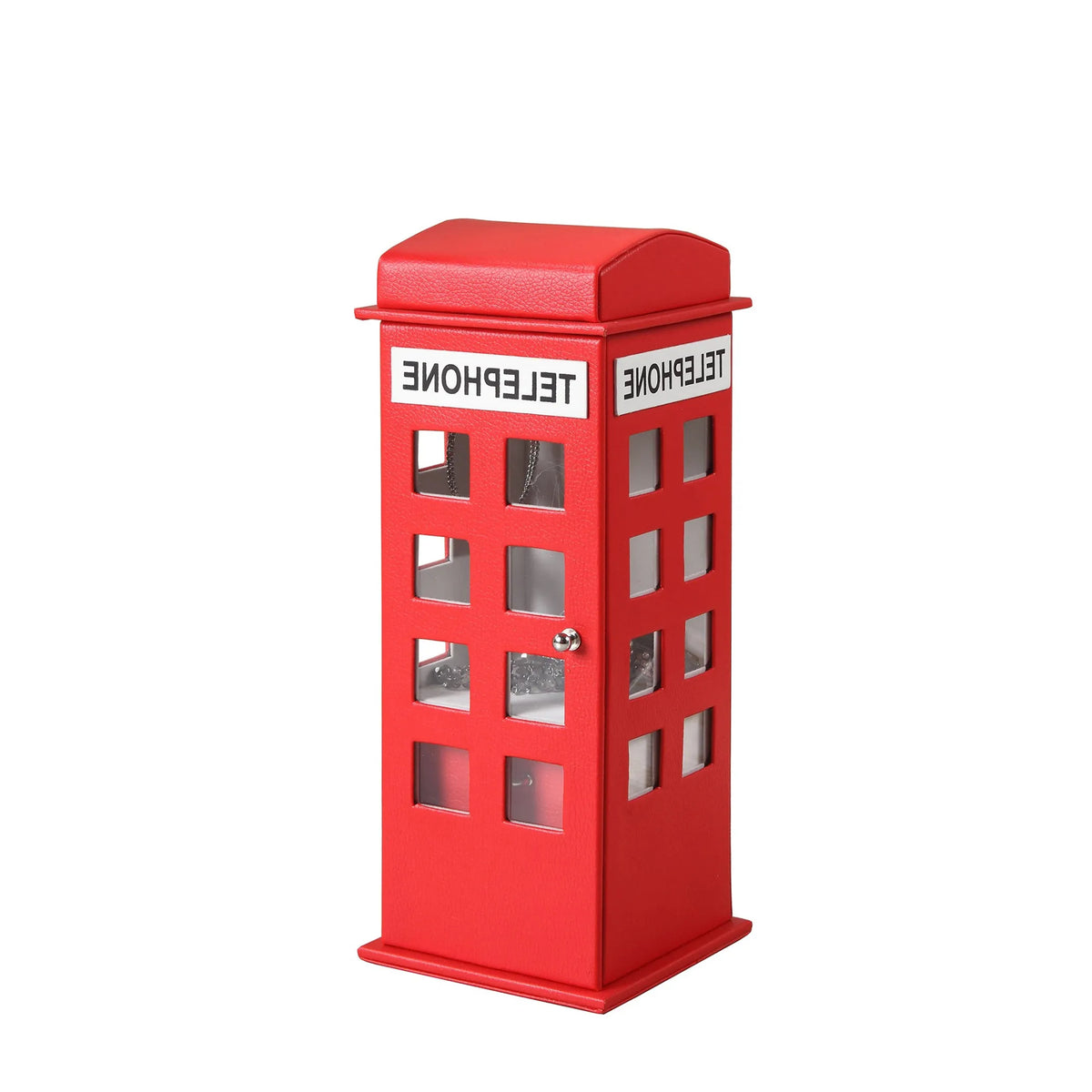 Red London Telephone Booth Jewelry Box, Faux Leather Decorative Jewelry Organizer with Clear Windows, Novelty Gift for Women Girls