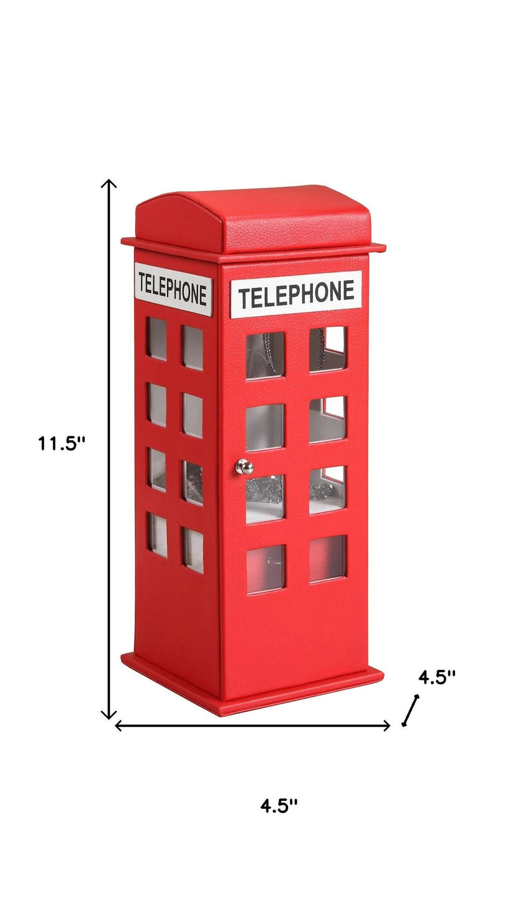 Red London Telephone Booth Jewelry Box, Faux Leather Decorative Jewelry Organizer with Clear Windows, Novelty Gift for Women Girls