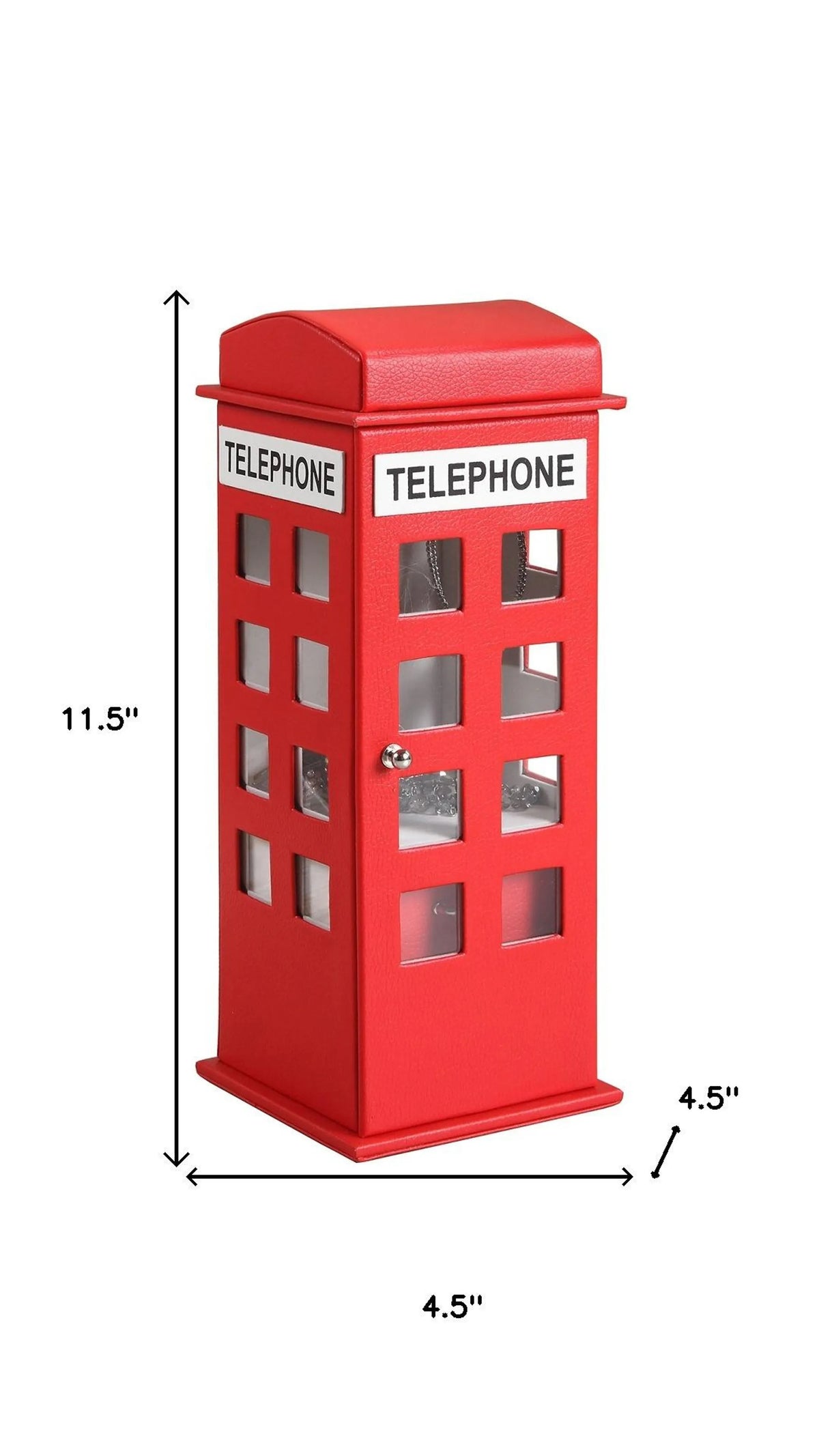 Red London Telephone Booth Jewelry Box, Faux Leather Decorative Jewelry Organizer with Clear Windows, Novelty Gift for Women Girls