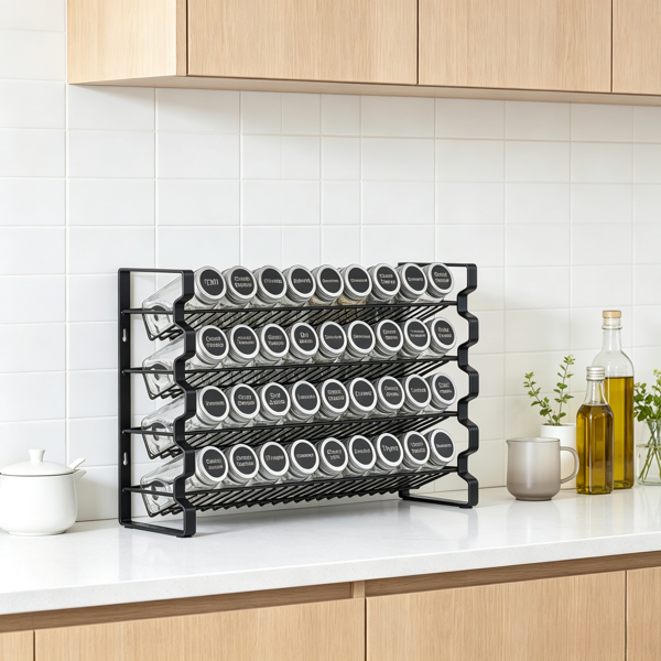 AEELLEEA 4-Tier Black Metal Spice Rack Organizer, 36 Jar Wall Mount & Countertop Spice Shelf for Kitchen Cabinet Pantry Storage
