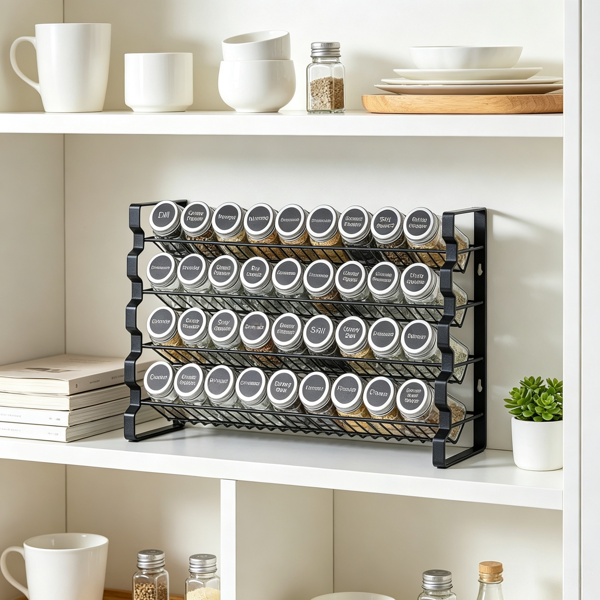 AEELLEEA 4-Tier Black Metal Spice Rack Organizer, 36 Jar Wall Mount & Countertop Spice Shelf for Kitchen Cabinet Pantry Storage