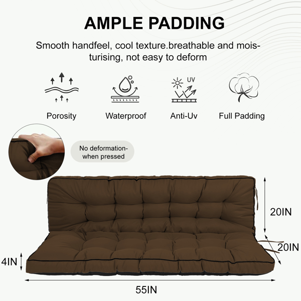 AEELLEEA 2-Seat Outdoor Swing Cushion with Backrest, Brown Waterproof UV-Resistant Thick Padded Porch Patio Swing Replacement Cushion with Ties