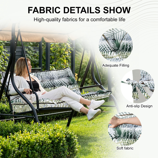 2-Seat Outdoor Swing Cushion with Backrest, Tropical Palm Leaf Waterproof UV-Resistant Thick Padded Porch Patio Swing Replacement Cushion with Ties