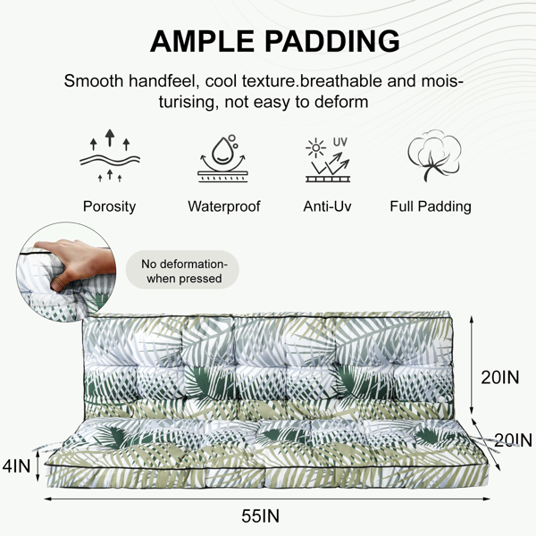 2-Seat Outdoor Swing Cushion with Backrest, Tropical Palm Leaf Waterproof UV-Resistant Thick Padded Porch Patio Swing Replacement Cushion with Ties