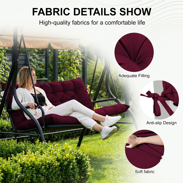 2-Seat Outdoor Swing Cushion with Backrest, Burgundy Waterproof UV-Resistant Thick Padded Porch Patio Swing Replacement Cushion with Ties