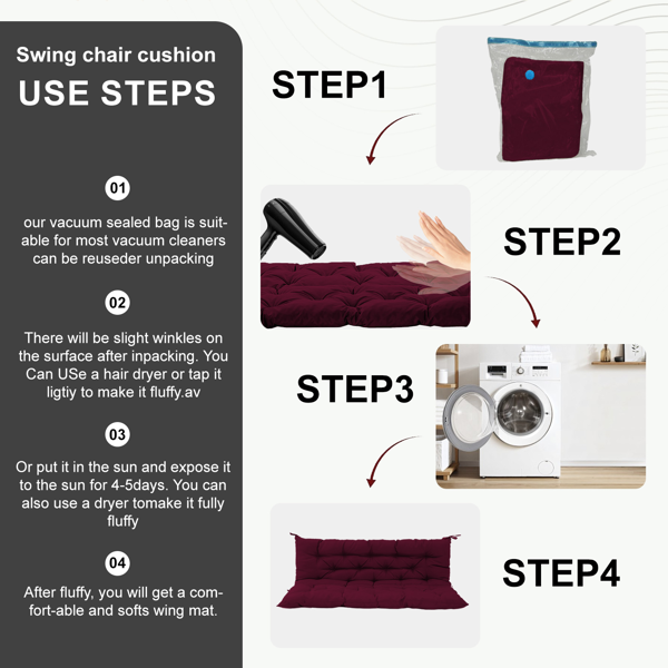 2-Seat Outdoor Swing Cushion with Backrest, Burgundy Waterproof UV-Resistant Thick Padded Porch Patio Swing Replacement Cushion with Ties