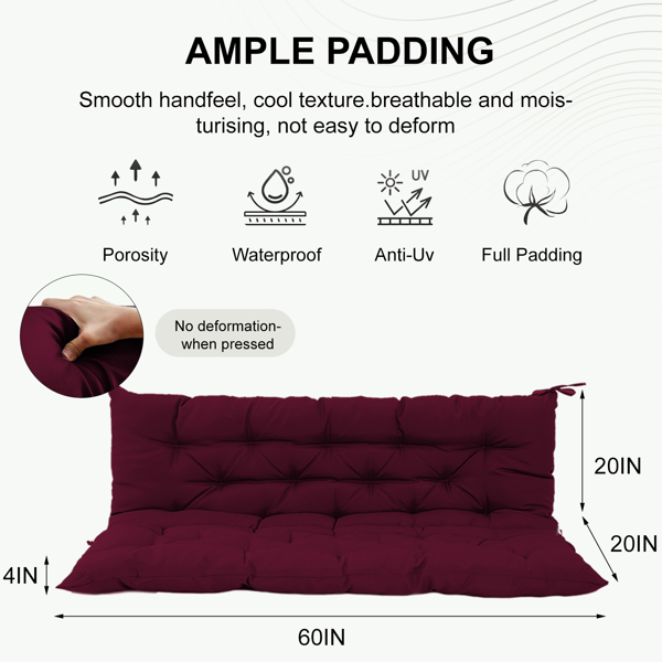 2-Seat Outdoor Swing Cushion with Backrest, Burgundy Waterproof UV-Resistant Thick Padded Porch Patio Swing Replacement Cushion with Ties