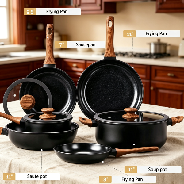 AEELLEEA 6-Piece Nonstick Cookware Set, Die-Cast Aluminum 3-Layer Non-Stick Pots & Pans with Wood Grain Handles, Dishwasher Safe for Home Kitchen Cooking