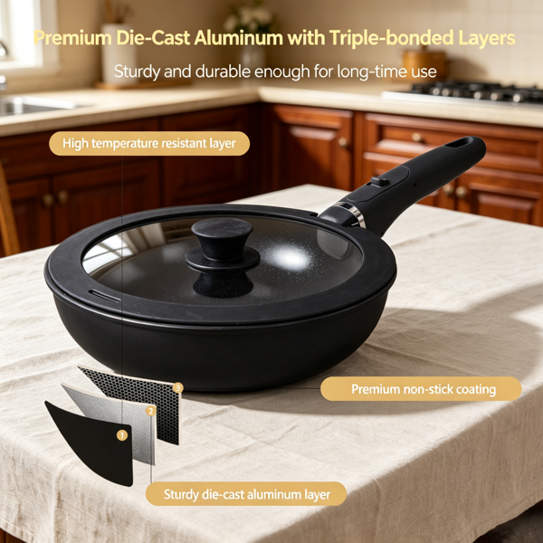 AEELLEEA 6-Piece Nonstick Cookware Set, Die-Cast Aluminum 3-Layer Non-Stick Pots & Pans with Wood Grain Handles, Dishwasher Safe for Home Kitchen Cooking