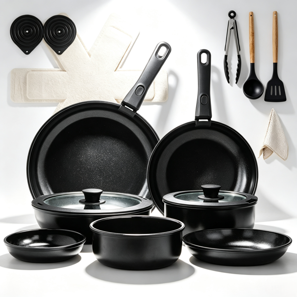 AEELLEEA 6-Piece Nonstick Cookware Set, Die-Cast Aluminum 3-Layer Non-Stick Pots & Pans with Wood Grain Handles, Dishwasher Safe for Home Kitchen Cooking