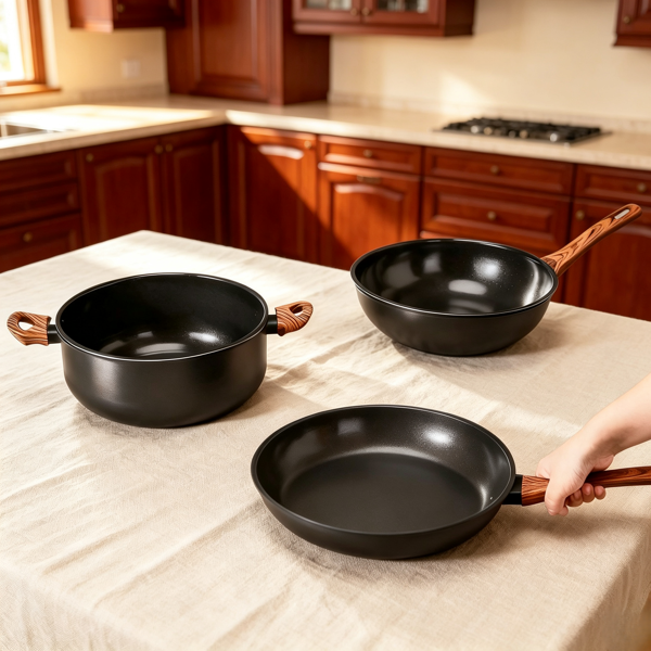 AEELLEEA 6-Piece Nonstick Cookware Set, Die-Cast Aluminum 3-Layer Non-Stick Pots & Pans with Wood Grain Handles, Dishwasher Safe for Home Kitchen Cooking