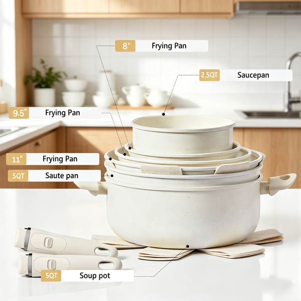 Cream White Nonstick Cookware Set with Detachable Handle, Die-Cast Aluminum Stackable Pots & Pans with Glass Lids, All Stovetop Safe