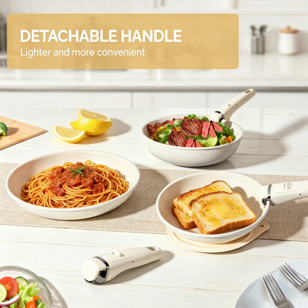 Cream White Nonstick Cookware Set with Detachable Handle, Die-Cast Aluminum Stackable Pots & Pans with Glass Lids, All Stovetop Safe