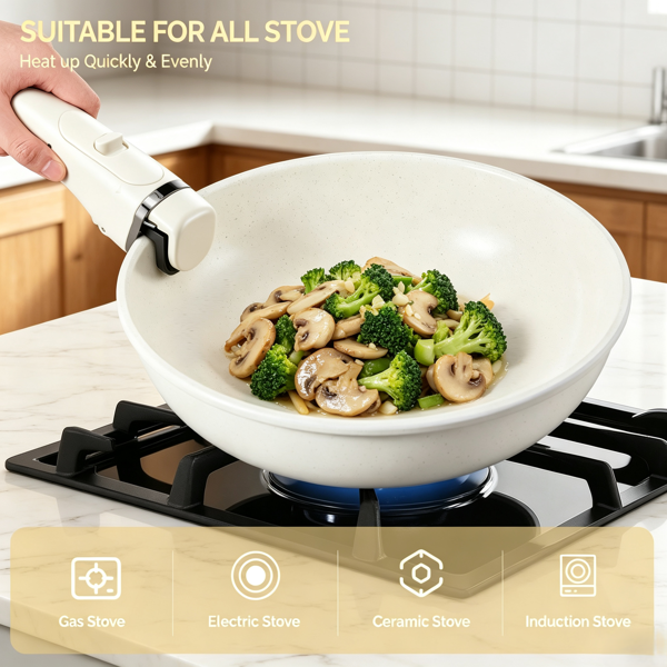 Cream White Nonstick Cookware Set with Detachable Handle, Die-Cast Aluminum Stackable Pots & Pans with Glass Lids, All Stovetop Safe