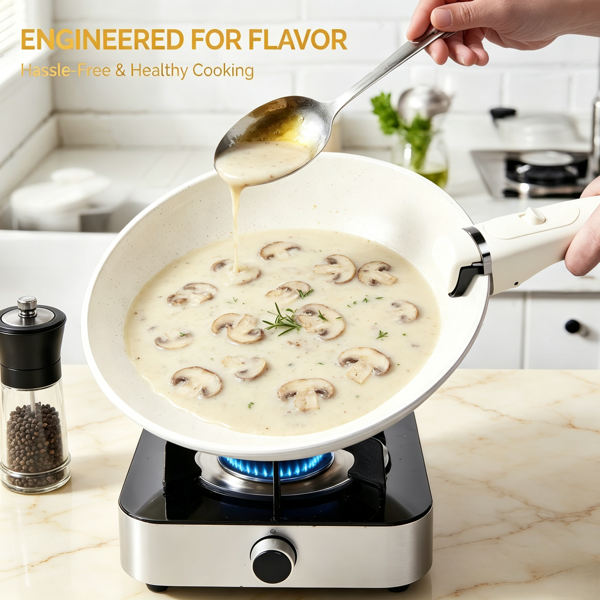 Cream White Nonstick Cookware Set with Detachable Handle, Die-Cast Aluminum Stackable Pots & Pans with Glass Lids, All Stovetop Safe