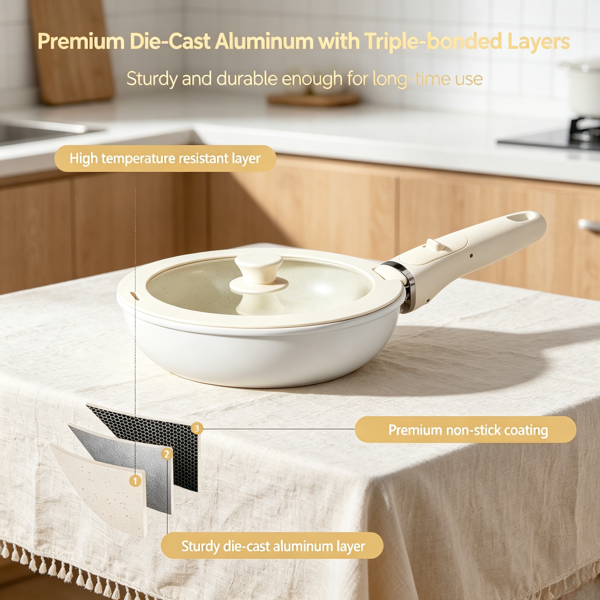 Cream White Nonstick Cookware Set with Detachable Handle, Die-Cast Aluminum Stackable Pots & Pans with Glass Lids, All Stovetop Safe