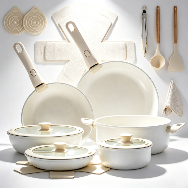 Cream White Nonstick Cookware Set with Detachable Handle, Die-Cast Aluminum Stackable Pots & Pans with Glass Lids, All Stovetop Safe