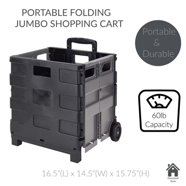 AEELLEEA Collapsible Rolling Shopping Cart, 60lb Folding Tote with Wheels & Handle, Space-Saving Grocery Cart for Laundry Sports Car Use