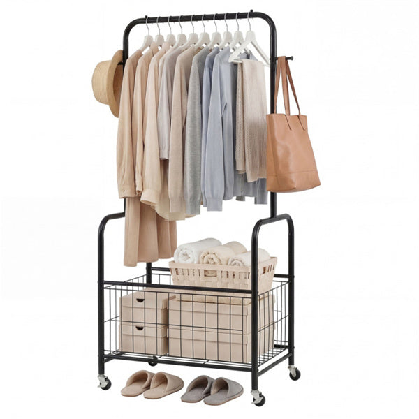 AEELLEEA Heavy Duty Rolling Garment Rack with Storage Basket & Side Hooks, Metal Clothing Rack on Lockable Wheels for Bedroom Laundry Room