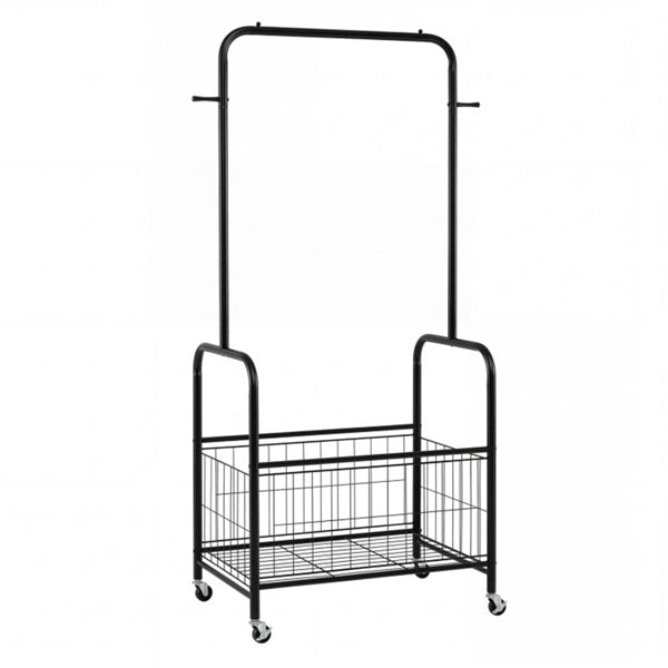 AEELLEEA Heavy Duty Rolling Garment Rack with Storage Basket & Side Hooks, Metal Clothing Rack on Lockable Wheels for Bedroom Laundry Room