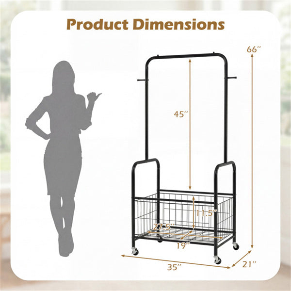 AEELLEEA Heavy Duty Rolling Garment Rack with Storage Basket & Side Hooks, Metal Clothing Rack on Lockable Wheels for Bedroom Laundry Room