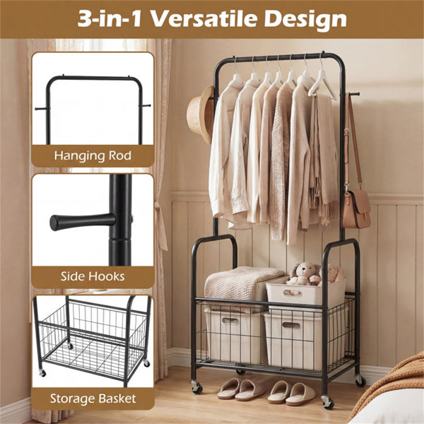 AEELLEEA Heavy Duty Rolling Garment Rack with Storage Basket & Side Hooks, Metal Clothing Rack on Lockable Wheels for Bedroom Laundry Room